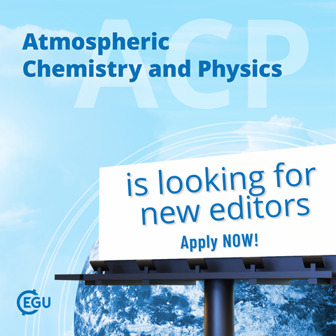 Image description: Billboard advertisement for Atmospheric Chemistry and Physics with text reading:" is looking for new editors Apply NOW!".