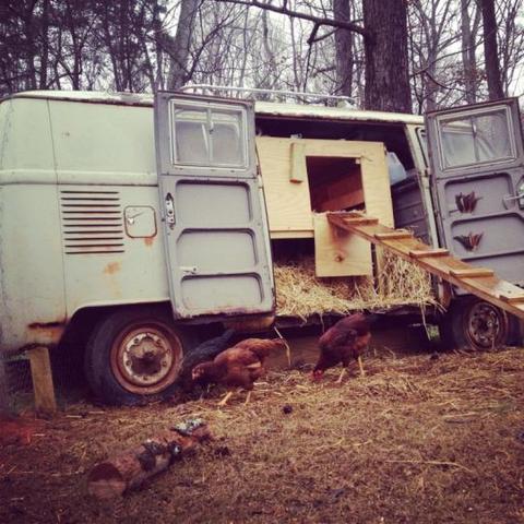 VW type 2 van converted to a chicken coop. 
