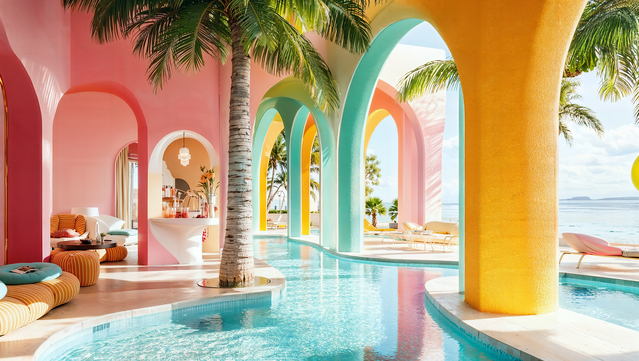 Paradise Club, tropical inspiration
Arches, volumes, vivid tones and constantly moving water produce an acute sense of idleness.