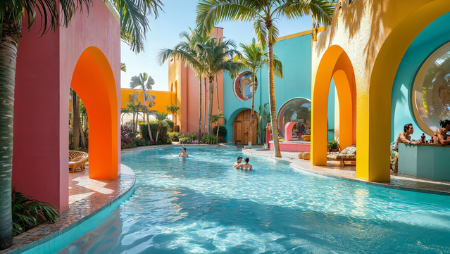 Paradise Club, tropical inspiration
Arches, volumes, vivid tones and constantly moving water produce an acute sense of idleness.