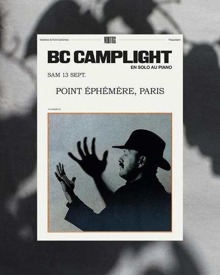 Poster pour le concert de BC CAMPLIGHT en solo au piano le samedi 13 septembre au Point Ephémère à Paris.