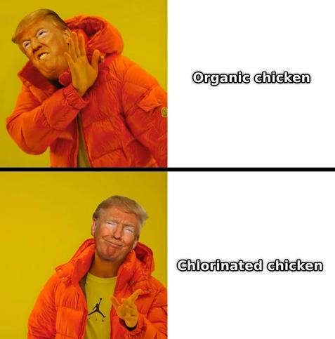 Drake meme with Trump face

Top (NO CASE)
"Organic chicken"

Bottom (YES CASE)
"Chlorinated chicken"