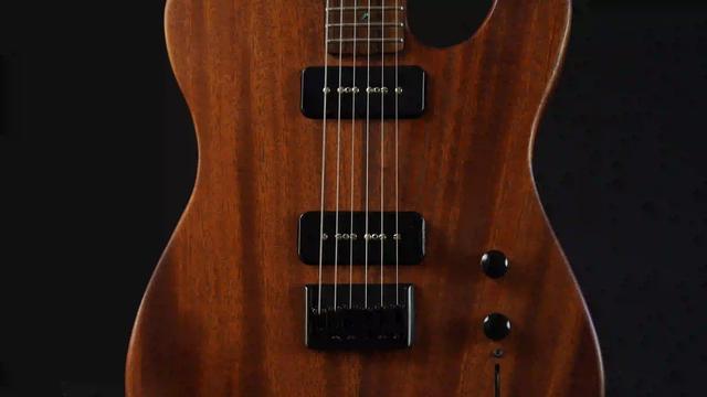 Eine Telecaster artige Gitarre aus dunklem Mahagoni, leicht rötlich, vor dunklem Hintergrund.