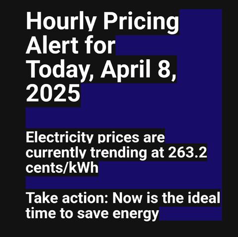 Hourly Pricing Alert for
Today, April 8, 2025

Electricity prices are
currently trending at 263.2 cents/kWh

Take action: Now is the ideal
time to save energy
