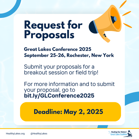 Text graphic. Request for proposals. Great Lakes Conference 2025. September 25-26. Rochester, New York. Submit your proposals for a breakout session or field trip! For more information and to submit your proposal, go to bit.ly/GLConference2025. Deadline: May 2, 2025.