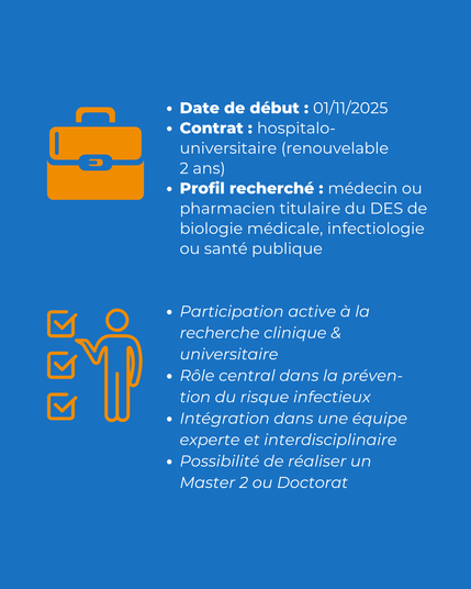Informations sur fond bleu avec icônes orange : date de début au 01/11/2025, contrat hospitalo-universitaire renouvelable 2 ans, profil recherché médecin ou pharmacien. Liste des atouts : recherche clinique, prévention du risque infectieux, équipe experte, Master 2 ou Doctorat.