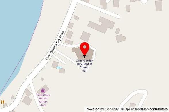 A zoomed out map with a pin at the position of Cane Garden Bay Baptist Church Hall, Cane Garden Bay Road, Road Town, British Virgin Islands, VG1110