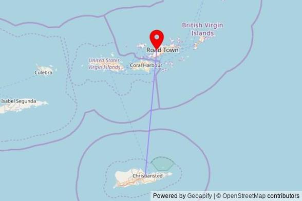 A map showing the great circle route from Christiansted in the United States to a map pin at Cane Garden Bay Baptist Church Hall, Cane Garden Bay Road, Road Town, British Virgin Islands, VG1110