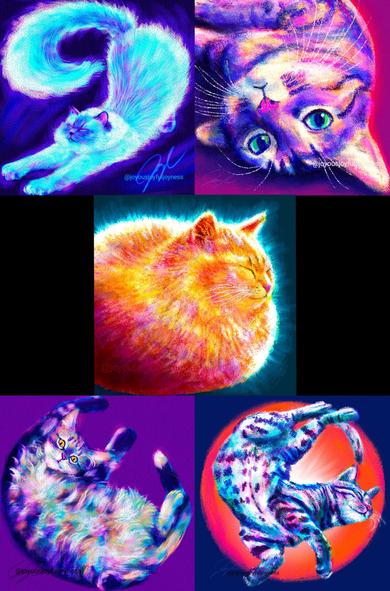 Compilation of 5 brightly colored paintings of cats. Top left is of a Siamese cat stretching. Top right is of a cat laying down looking up at the viewer. The middle painting is of a very round ginger cat glowing. Bottom left is of a cat with a derpy expression stretching on his back, showing his fluffy belly. Bottom right is of a cat wiggling, and the background is an orange circle.