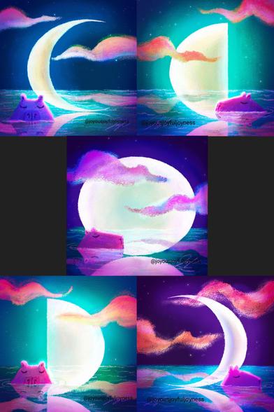 A series of 5 paintings with different phases of the moon, pink and purple clouds, and capybara resting in the water. The moon are reflected in the water. Each of the paintings have the artist's signature and @joyousjoyfuljoyness watermark. The 5 lunar phases from top to bottom and left to right are waning crescent, third quarter, full moon, first quarter, and waxing crescent.