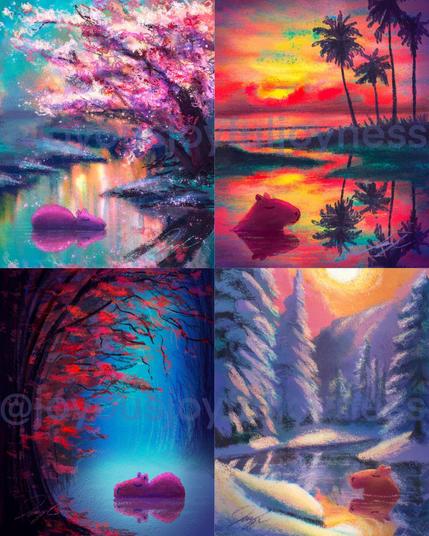 Four paintings of Capybaras in different seasons. The top left is Spring with the capybara sleeping under a cherry blossom tree. The top right is Summer wirh a capybara sleeping under palm trees. The bottom left is Fall with a capybara sleeping under fall leaves. The bottom right is Winter with a capybara sleeping among snowy trees. The artist's watermark @joyousjoyfuljoyness is at the top and bottom.