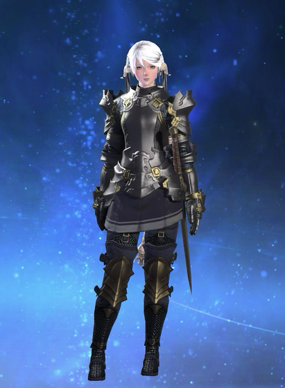 A full body image of a female Final Fantasy XIV AuRa character wearing black and gold armour, with short white hair styled in pigtails. She stands facing forward, sword at her left side, against a swirling, starry background.