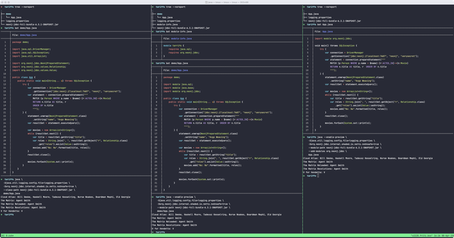 A screenshot of a Java program that uses the Neo4j JDBC driver to read records from a database, 3 panes, left to right:
* On the class path, listing individual imports
* On the module path, using preview feature module import declaration (JEP 476), omitting individual imports
* On the module path, as implicit declared class, omitting the the java.base import (there by default), and java.sql (required by neo4j jdby anyway)