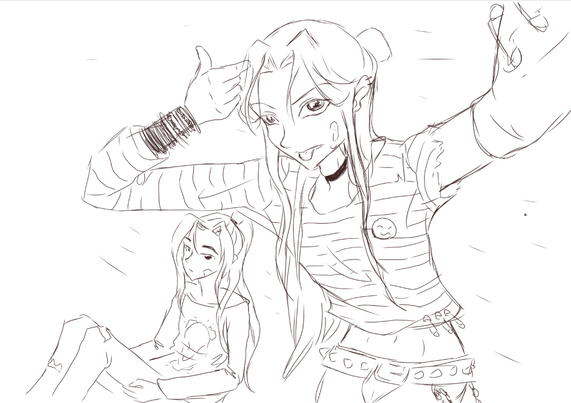 selfie pose of xl and wm in emo dress up. wm is sitting on the ground and xl is doing a hand gun gesture pointing at his head.