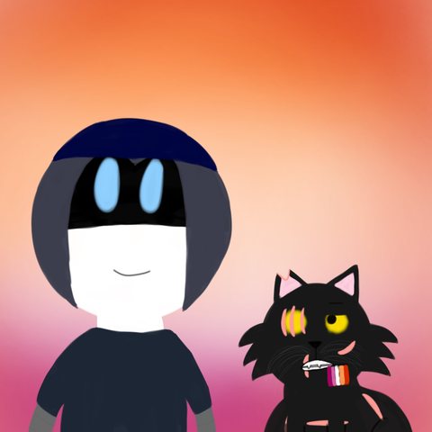 Drawing of Minerva looking at Alice with a smile and Alice looks tiredly at Minerva and holds lesbian flag in her mouth. The background is in lesbian flag's colors