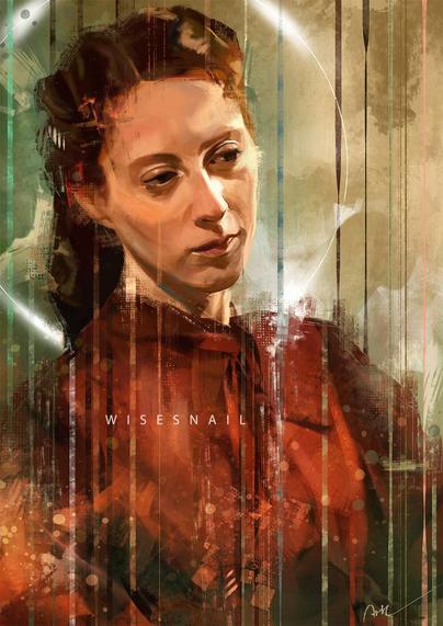Portrait of the character Madeleine from IWTV, as portrayed by Roxane Duran. She has red hair and a red dress. She is looking downwards, with a neutral expression. A shiny white halo completes the portrait.