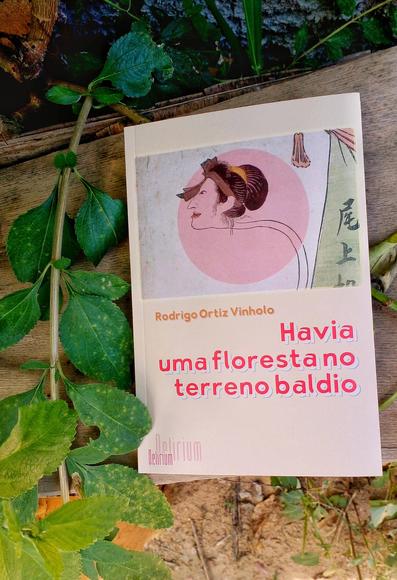 Livro sobre uma tábua de madeira velha alaranjada com um galho de cidreira cheia de folhas verdes ao seu lado, no canto esquerdo. A capa do livro é totalmente creme com uma ilustração japonesa antiga de uma nukekubi, mulher de longo e fino pescoço, no alto. Em letras cor de rosa, o título Havia uma floresta no terreno baldio.