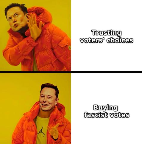 Drake meme with Musk face

Top (NO CASE)
"Trusting voters' choices"

Bottom (YES CASE)
"Buying fascist votes"