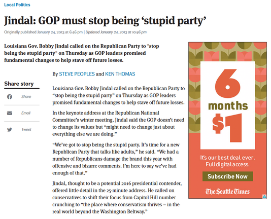 Local Politics
Jindal: GOP must stop being ‘stupid party’
Originally published January 24, 2013 at 6:46 pm Updated January 24, 2013 at 10:46 pm

Louisiana Gov. Bobby Jindal called on the Republican Party to "stop being the stupid party" on Thursday as GOP leaders promised fundamental changes to help stave off future losses.

Share story
By STEVE PEOPLES and KEN THOMAS
Louisiana Gov. Bobby Jindal called on the Republican Party to “stop being the stupid party” on Thursday as GOP leaders promised fundamental changes to help stave off future losses.

In the keynote address at the Republican National Committee’s winter meeting, Jindal said the GOP doesn’t need to change its values but “might need to change just about everything else we are doing.”

“We’ve got to stop being the stupid party. It’s time for a new Republican Party that talks like adults,” he said. “We had a number of Republicans damage the brand this year with offensive and bizarre comments. I’m here to say we’ve had enough of that.”

Jindal, thought to be a potential 2016 presidential contender, offered little detail in the 25-minute address. He called on conservatives to shift their focus from Capitol Hill number crunching to “the place where conservatism thrives – in the real world beyond the Washington Beltway.”