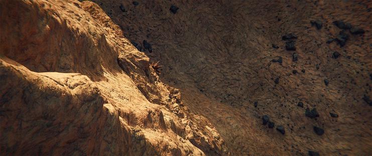 Wide shot, exterior, day -

A greater archon of the Warrior caste free climbs up a vertical cliffside at dawn. 