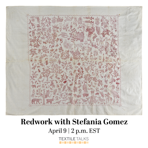 Promo slide for the lecture. Below: text Redwork with Stefania Gomez, April 9, 2pm, etc. Above: photo of full redwork quilt. White fabric with red embroidery. Images are individual and densely placed. Plants, birds, people, a chicken, owls, bearded portraits.