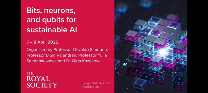 Banner for the Royal Society meeting 'Bits, neurons, and qubits for sustainable AI', 7-8 April 2025. Left side lists title, dates, organizers, and Royal Society logo on a red background. Right side features a colourful, abstract glowing circuit/cityscape design.