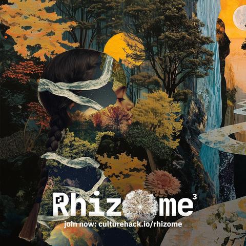 An abstract digital art piece featuring the side profile of a BIPOC person blended into the forested landscape surrounding them, including golden moons, waterfalls, and a winding path. White text in front reads, "Rhizome, join now: culturehack.io/rhizome"