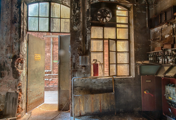 Dark room with open door and window