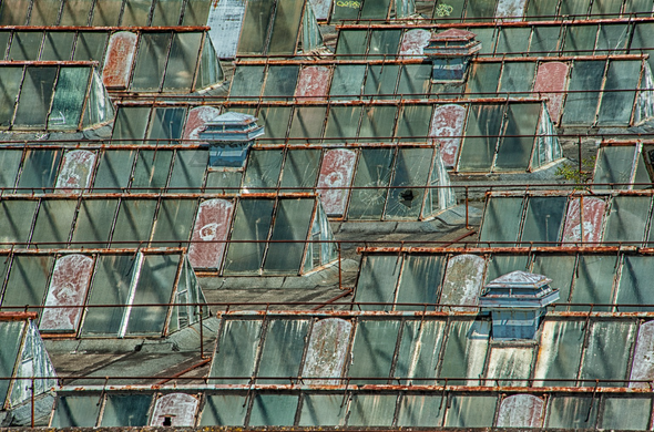 Roof with broken glass windows