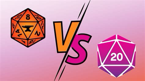 A close-up of two dice—the FoundryVTT fiery orange eight‐sided die and a Roll20 soft pink twenty‐sided die—positioned with a subtle “VS” between them on a gentle gradient background.. 
