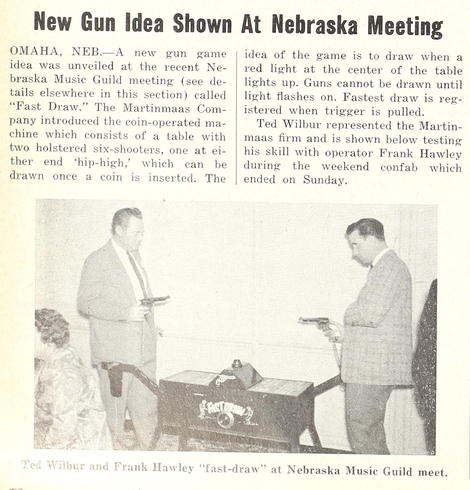 1961-03-18 Cash Box pg 72. A debut showcase of the Fast Draw by the Martinmaas Company. Featuring a photo of two men competing in the game.