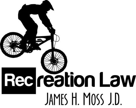 Mountain Biker descending drop over Recreation Law logo above James H. Moss, 