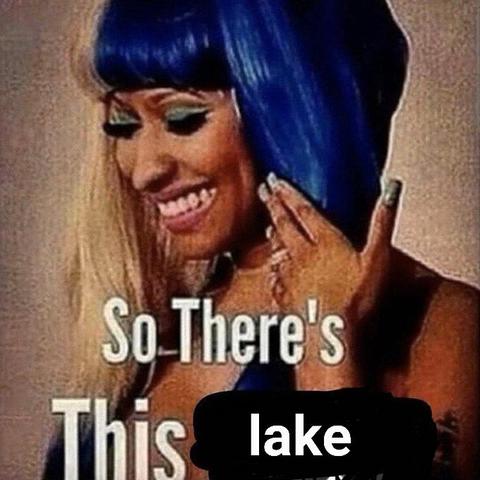 The meme of the girl in a blue wig shyly tucking her hair behind her ear and grinning, with the words "So There's This" written underneath. Whatever the meme was going to say afterwards, it's been crossed out and replaced with "lake."