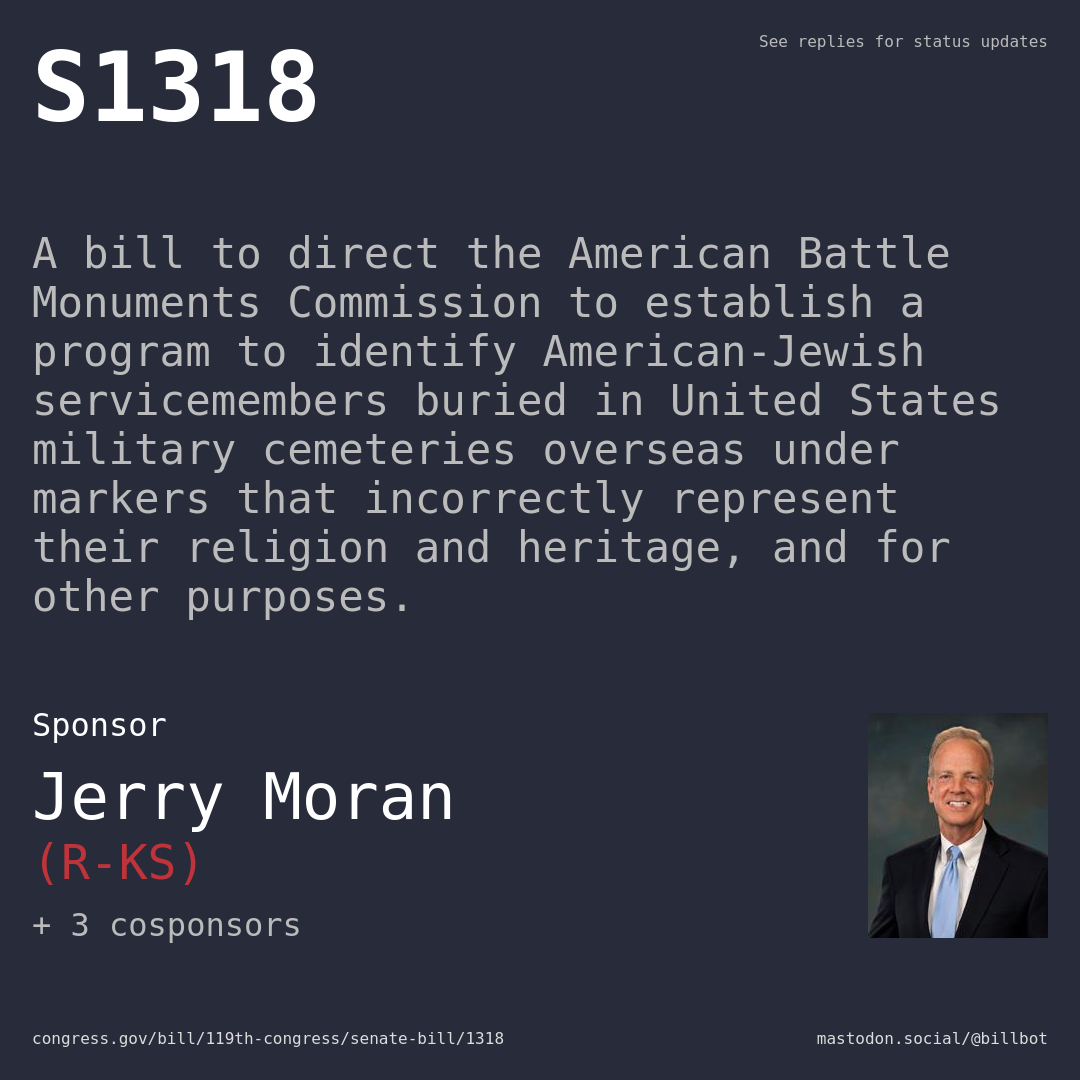 Description of S1318, and a depiction of its sponsor, Jerry Moran.
