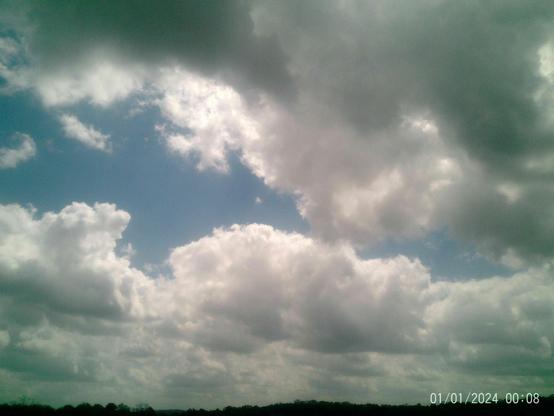 Cloudy sky with patches of blue showing through.