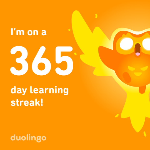 Duolingo screenshot reading "I'm on a 365 day learning streak!" with a picture of a flaming owl