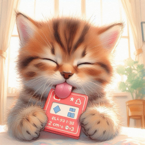 黄金色の夕日に照らされた子供部屋で、赤いゲームカードを舐めて困った顔をしている茶トラの子猫。