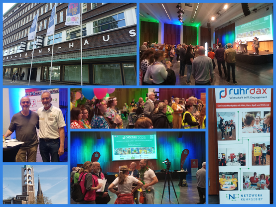 Collage vom RuhrDAX 2025. Das Hans-Sachs Haus von aussen, im Rathaus dann ein großer Veranstaltungssaal. Darin ca. 150 Besucher und Besucherinnen, mehrere Infostände, darunter auch Labdoo. Kostümierte Vertreter von Projekten, die Hilfe für Projekte suchen. Ein Rollup vom RuhrDAX.
