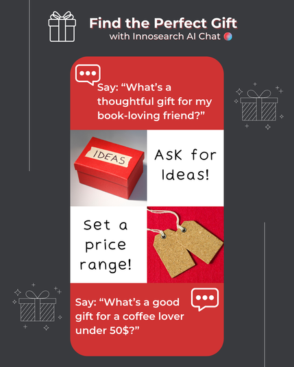 Image with the text "Find the Perfect Gift with Innosearch AI Chat" at the top. Below, in red boxes, are examples of how to use the chat: "Say: 'What's a thoughtful gift for my book-loving friend?'" next to an image of a red gift box labeled "IDEAS", and "Set a price range!" next to an image of two gift tags. At the bottom, another red box says, "Say: 'What's a good gift for a coffee lover under 50$?'" with a speech bubble icon.