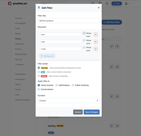 Pixelfed custom filters