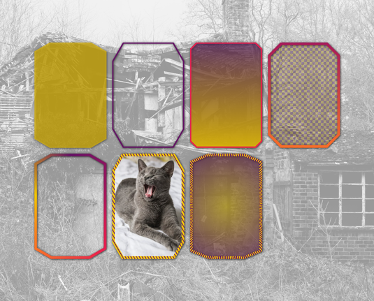 Screenshot of linked demo. Shows 7 beveled cards, some with borders (solid, gradient or patterned ones), some with (semi)transparent backgrounds, some with gradient backgrounds, one with an image background. They are all on top of an image backdrop.