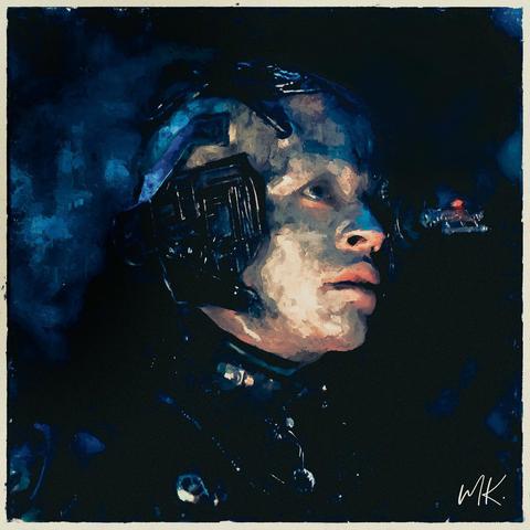 digital painting of Seven Of Nine, a white borg woman with black technological implants along her head and left eye. She is painted from the shoulders up, lit from below as she looks up with her mouth slightly open. The painting is done in blues, blacks, greys, and pale tans.