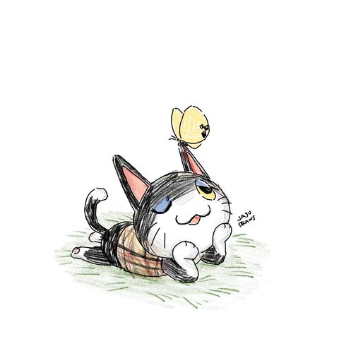 Punchy from Animal Crossing chilling on his belly in a patch of green grass. There's a yellow butterfly sitting on one of his pointed ears.