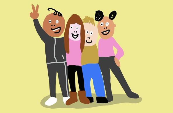 tekening van 4 kinderen, ze kijken vrolijk en staan dicht bij elkaar