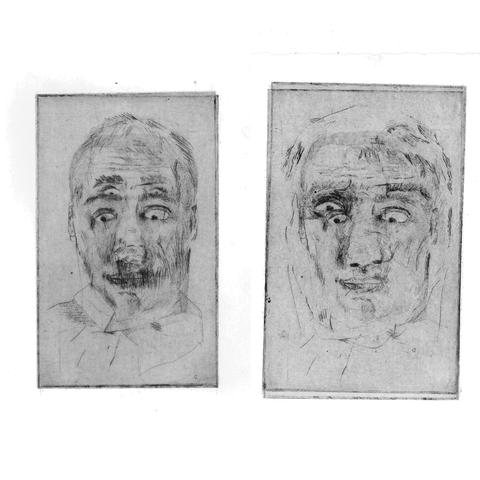 gravure du visage d'un homme a moitié effacé.  