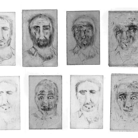 Série de plusieurs gravures de personnage défiguré. plaque de gravures superposées, accumulation et accentuation de certains traits. 