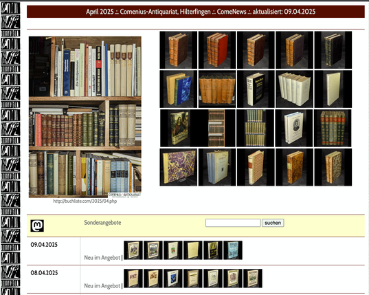 Screenshot der Aktuell-Seite des Comenius-Antiquariates mit den neu erfassten Büchern