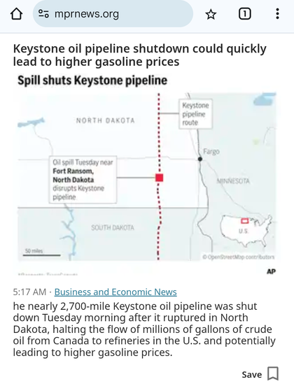 Mprnews reports on a keystone oil pipeline rupture in north Dakota