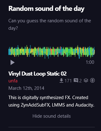 Screenshot from Freesound.org's main page showing "Random sound of the day" that is now Vinyl Dust Loop Static 02 by unfa (uploaded March 12th 2014)