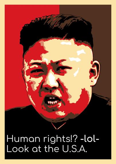Picture of Kim Jung-Un, in Shepard Fairey "Hope" style with use of shitty Black/Brown/Red/Calamansi/White colors

Slogan below Kim Jung-Un is "Human rights!? -lol- Look at the U.S.A."